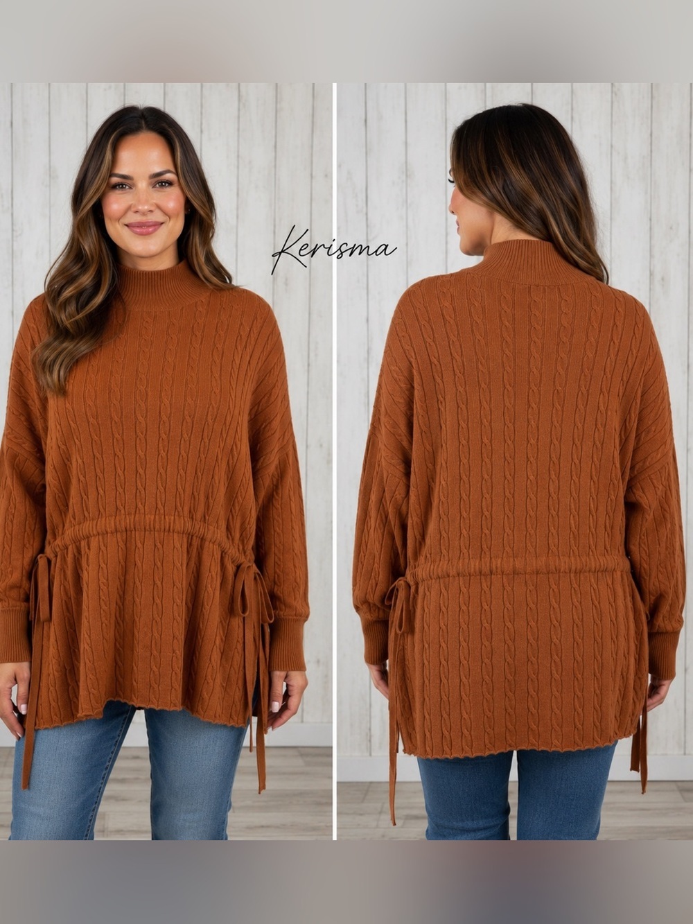 Kerisma Cable Knit Mock Neck Cinch Tie and Bow Waist Sweater M/L